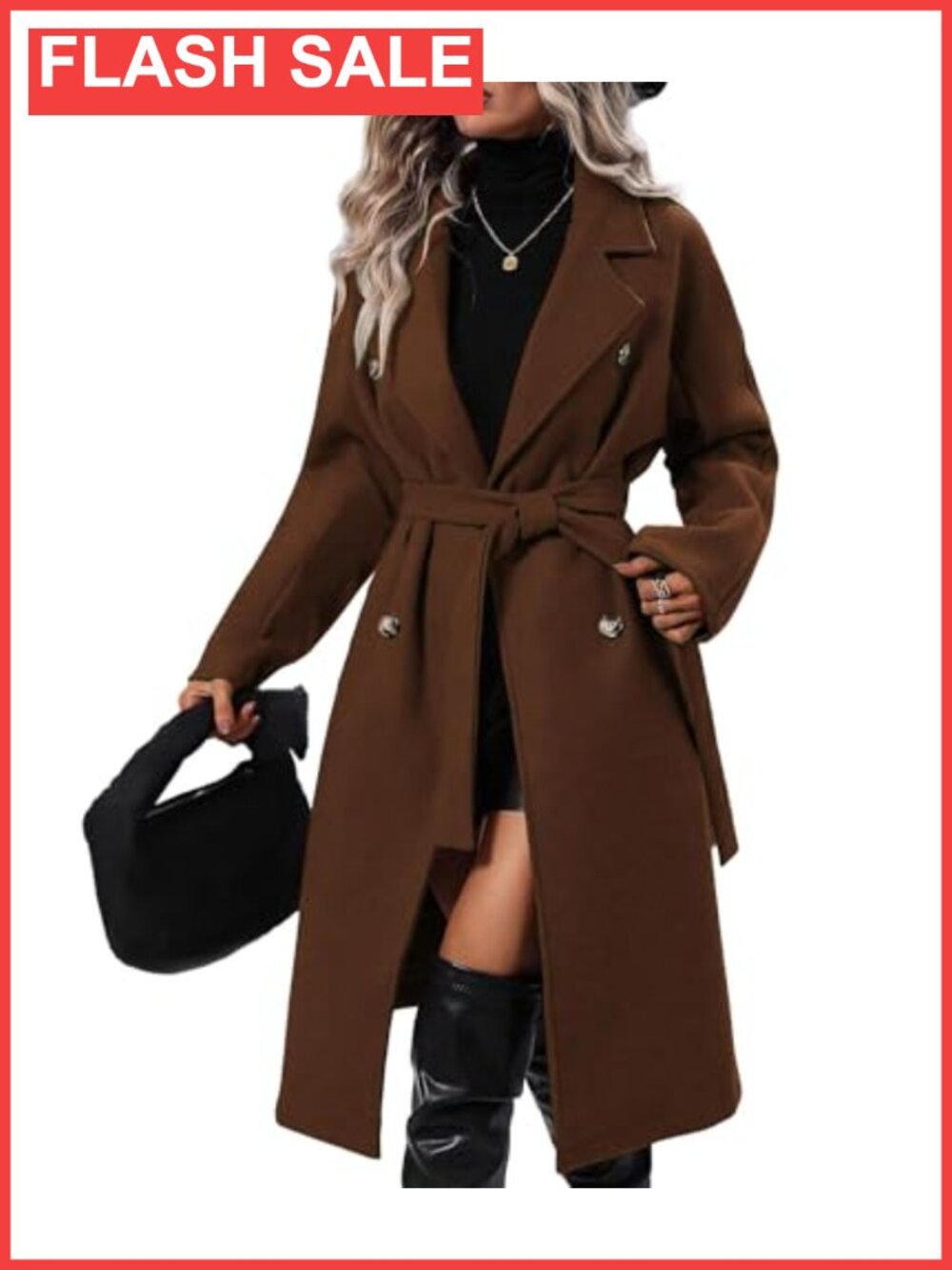 Women's Winter Double Breasted Trench Coat Long Wool Pea Coat with Belt